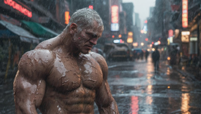 solo, 1boy, upper body, white hair, male focus, outdoors, blurry, wet, muscular, night, science fiction, rain, city, realistic, manly, cyborg, cyberpunk