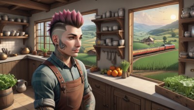 solo,short hair,brown hair,shirt,1boy,brown eyes,jewelry,closed mouth,upper body,pink hair,purple hair,male focus,multicolored hair,earrings,food,sky,collared shirt,cloud,indoors,apron,tree,lips,plaid,window,tattoo,fruit,bird,piercing,plant,spiked hair,ear piercing,scenery,sleeves rolled up,mountain,basket,potted plant,overalls,arm tattoo,undercut,plaid shirt,orange (fruit),kitchen,mohawk,cactus,cutting board,checkered shirt,1girl,cup,grass,knife,apple,sun,carrot,facial tattoo,sink,onion