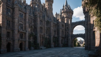 outdoors,sky,day,cloud,tree,blue sky,no humans,window,cloudy sky,building,scenery,stairs,city,fantasy,road,cityscape,architecture,pillar,castle,tower,arch,pavement,sunlight,plant,bridge,church