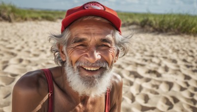 solo,looking at viewer,smile,1boy,hat,closed eyes,upper body,white hair,grey hair,male focus,outdoors,teeth,day,grin,blurry,blurry background,facial hair,suspenders,red headwear,facing viewer,beard,meme,realistic,mustache,manly,old,old man,photo background,wrinkled skin,shirt,closed mouth,collarbone,one eye closed,sky,blue sky,depth of field,thick eyebrows,grass