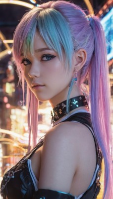 1girl,solo,long hair,breasts,looking at viewer,bangs,blue eyes,hair ornament,dress,bare shoulders,twintails,jewelry,medium breasts,closed mouth,blue hair,upper body,pink hair,multicolored hair,earrings,detached sleeves,sleeveless,choker,blurry,from side,two-tone hair,lips,eyelashes,makeup,blurry background,realistic,nose,mascara,hair between eyes,sidelocks,artist name,black dress,streaked hair,depth of field,watermark,black choker,expressionless