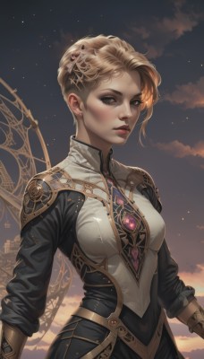 1girl,solo,breasts,looking at viewer,short hair,blonde hair,hair ornament,long sleeves,dress,brown eyes,jewelry,medium breasts,closed mouth,upper body,earrings,outdoors,sky,artist name,cloud,armor,lips,grey eyes,makeup,lipstick,gem,eyeshadow,gold trim,nose,red lips,stud earrings,eyeliner,mascara,parted lips,wings,sunset,asymmetrical hair,very short hair