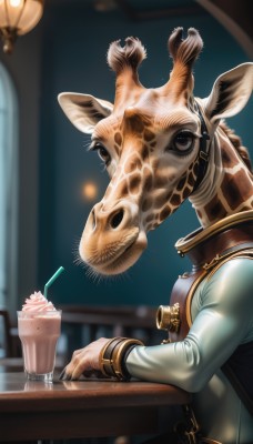 1girl,solo,looking at viewer,shirt,long sleeves,brown eyes,sitting,white shirt,upper body,male focus,food,belt,artist name,indoors,blurry,vest,from side,cup,mask,depth of field,blurry background,animal,table,1other,drinking straw,ice cream,drink,antlers,1boy,jewelry,signature,black eyes,fingernails,no humans,black nails,lamp,animal focus