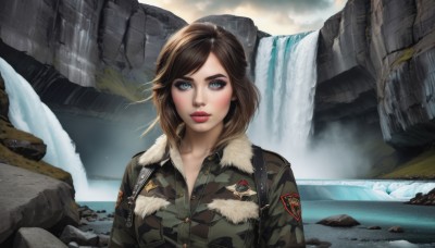 1girl,solo,looking at viewer,short hair,blue eyes,brown hair,collarbone,jacket,upper body,outdoors,sky,day,cloud,medium hair,water,uniform,lips,fur trim,military,military uniform,makeup,lipstick,rock,mountain,realistic,ruins,camouflage,river,waterfall,cliff,camouflage jacket,long hair,blush,bangs,parted lips,nose,badge