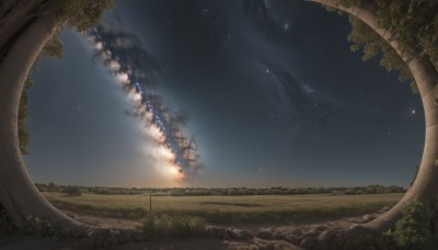 outdoors,sky,cloud,tree,no humans,night,grass,fire,star (sky),nature,night sky,scenery,smoke,starry sky,ruins,blue sky,ground vehicle,explosion