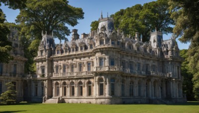 outdoors,sky,day,cloud,tree,blue sky,no humans,window,grass,building,nature,scenery,fantasy,architecture,castle,tower,arch,bridge