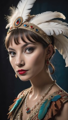 1girl,solo,looking at viewer,short hair,bangs,simple background,brown hair,hair ornament,brown eyes,jewelry,upper body,earrings,parted lips,artist name,necklace,mole,lips,makeup,feathers,lipstick,black background,gem,portrait,realistic,headdress,red lips,feather hair ornament,eyelashes,mole on cheek