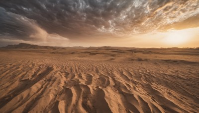 monochrome,outdoors,sky,cloud,water,dutch angle,no humans,ocean,beach,cloudy sky,scenery,sunset,mountain,sand,horizon,road,landscape,brown theme,desert,sunlight,light rays,sun