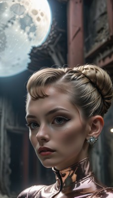 1girl,solo,looking at viewer,short hair,blonde hair,jewelry,earrings,hair bun,blurry,lips,grey eyes,eyelashes,night,blurry background,moon,single hair bun,portrait,full moon,freckles,realistic,blue eyes,parted lips,sky,mole,bodysuit,makeup,lipstick,night sky,nose