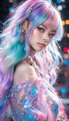 1girl,solo,long hair,breasts,looking at viewer,bangs,hair ornament,dress,bare shoulders,jewelry,closed mouth,blue hair,upper body,pink hair,multicolored hair,earrings,artist name,necklace,blurry,bracelet,from side,two-tone hair,lips,looking to the side,grey eyes,eyelashes,aqua hair,gradient hair,makeup,depth of field,blurry background,wavy hair,gem,eyeshadow,pink lips,realistic,nose,bokeh,mascara,pearl (gemstone),brown eyes,blunt bangs,streaked hair,watermark,web address