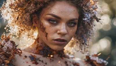 1girl,solo,looking at viewer,short hair,brown hair,hair ornament,brown eyes,flower,parted lips,hair flower,blurry,lips,eyelashes,blood,depth of field,blurry background,scar,portrait,freckles,realistic,nose,black hair,signature,makeup,dirty,bokeh