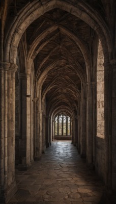 day,indoors,water,no humans,window,sunlight,scenery,reflection,door,architecture,pillar,hallway,church,arch,column,fantasy,wall,brick wall,pavement,stone floor,stone wall,vanishing point,brick floor