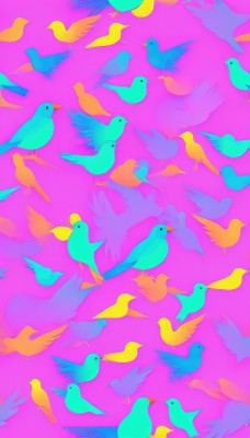 simple background,artist name,from side,no humans,bird,animal,pink background,flying,purple background,animal focus,too many,flock,open mouth,closed mouth,cloud,looking up,scenery,solid circle eyes,colorful