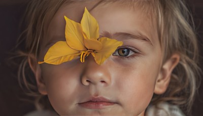 1girl,solo,looking at viewer,blonde hair,simple background,brown hair,brown eyes,closed mouth,parted lips,blurry,lips,eyelashes,leaf,bug,butterfly,portrait,close-up,freckles,brown background,one eye covered,realistic,nose,blue eyes,autumn leaves