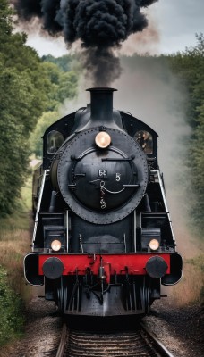 outdoors,sky,day,cloud,tree,military,no humans,fire,ground vehicle,nature,scenery,motor vehicle,forest,smoke,military vehicle,vehicle focus,world war ii,wheel,cloudy sky,grass,train,railroad tracks