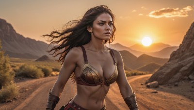 1girl,solo,long hair,breasts,large breasts,brown hair,black hair,navel,cleavage,bare shoulders,brown eyes,medium breasts,closed mouth,collarbone,upper body,outdoors,sky,cloud,armor,blurry,tree,lips,floating hair,wind,toned,sunset,mountain,realistic,sun,bracer,looking afar,bikini armor,desert,stomach,abs,nature,backlighting,sand,vambraces,orange sky