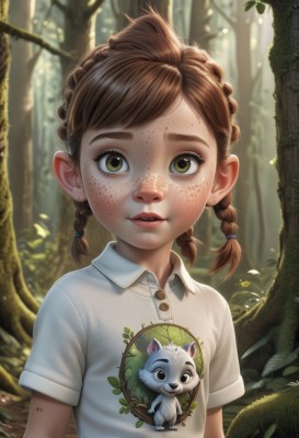 1girl,solo,looking at viewer,bangs,brown hair,shirt,twintails,brown eyes,jewelry,yellow eyes,white shirt,upper body,braid,short sleeves,earrings,outdoors,parted lips,teeth,day,collared shirt,artist name,medium hair,blurry,twin braids,tree,lips,depth of field,blurry background,animal,leaf,watermark,sunlight,plant,child,nature,forest,freckles,realistic,female child,stud earrings,deviantart username,green eyes,eyelashes,nose,squirrel