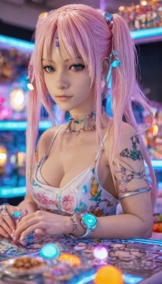 1girl,solo,long hair,breasts,looking at viewer,smile,bangs,blue eyes,hair ornament,dress,cleavage,bare shoulders,twintails,jewelry,medium breasts,closed mouth,upper body,pink hair,choker,necklace,nail polish,blurry,bracelet,aqua eyes,lips,tattoo,depth of field,blurry background,facial mark,ring,gem,armlet,watch,forehead mark,realistic,nose,wristwatch,arm tattoo,coin,collarbone,sidelocks,artist name,fingernails,eyelashes,chain,watermark,piercing,tank top,pink nails,freckles,spaghetti strap,shoulder tattoo,multiple rings