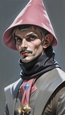 solo,looking at viewer,short hair,simple background,brown hair,black hair,1boy,hat,brown eyes,jewelry,closed mouth,upper body,male focus,parted lips,grey background,scarf,black eyes,vest,lips,ascot,facial hair,gem,portrait,realistic,nose,mustache,pink headwear,wizard hat,grey eyes,serious,manly,black scarf