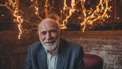 solo,looking at viewer,shirt,1boy,sitting,jacket,white shirt,upper body,grey hair,male focus,teeth,collared shirt,indoors,blurry,blurry background,facial hair,chair,formal,suit,blue jacket,beard,meme,mustache,old,old man,photo background,wrinkled skin,smile,parted lips,striped,dress shirt,depth of field,scar,realistic,branch,antlers,brick wall