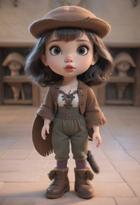 1girl,solo,looking at viewer,short hair,brown hair,shirt,black hair,long sleeves,hat,brown eyes,standing,jacket,full body,white shirt,boots,outdoors,parted lips,teeth,socks,belt,pants,medium hair,blurry,lips,depth of field,blurry background,brown footwear,feathers,child,freckles,brown jacket,brown headwear,female child,ankle boots,fringe trim,cowboy hat,green pants,cowboy western,open mouth,bangs,tail,artist name,chibi,eyelashes,watermark,web address