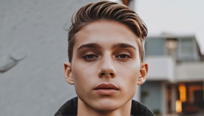 solo,looking at viewer,short hair,brown hair,1boy,brown eyes,closed mouth,male focus,outdoors,blurry,black eyes,lips,depth of field,blurry background,building,portrait,realistic,expressionless,thick eyebrows,house,grey sky