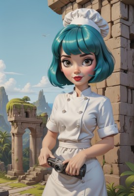 1girl,solo,breasts,looking at viewer,smile,short hair,bangs,hat,holding,brown eyes,closed mouth,blue hair,standing,short sleeves,cowboy shot,small breasts,outdoors,sky,day,cloud,apron,tree,blue sky,lips,eyelashes,aqua hair,makeup,buttons,bird,white headwear,thick eyebrows,plant,lipstick,waist apron,camera,red lips,double-breasted,holding camera,chef hat,chef,blush,dress,green hair,freckles,brick wall