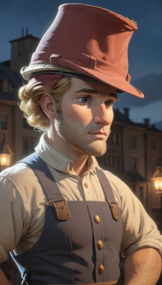 solo,short hair,blue eyes,blonde hair,shirt,1boy,hat,closed mouth,white shirt,upper body,male focus,earrings,outdoors,sky,collared shirt,blurry,black eyes,lips,night,buttons,blurry background,facial hair,night sky,red headwear,beard,sleeves rolled up,realistic,nose,mustache,overalls,manly,vest,thick eyebrows,building,hands on hips,brown headwear,cowboy hat