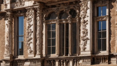 sky,indoors,no humans,window,night,traditional media,plant,scenery,stairs,door,railing,pillar,arch,balcony,chandelier,column,day,artist name,blue sky,watermark,architecture