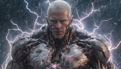 solo, looking at viewer, 1boy, upper body, white hair, male focus, facial hair, science fiction, rain, realistic, electricity, cyborg, lightning