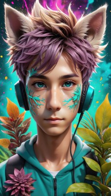 solo,looking at viewer,short hair,bangs,blue eyes,shirt,1boy,animal ears,closed mouth,green eyes,collarbone,jacket,upper body,pink hair,purple hair,flower,male focus,artist name,cat ears,hood,bag,mole,aqua eyes,lips,fox ears,eyelashes,hoodie,glowing,headphones,leaf,watermark,facial mark,backpack,hood down,plant,portrait,androgynous,pink flower,zipper,freckles,nose,aura,brown hair