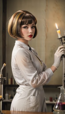 1girl,solo,breasts,looking at viewer,short hair,bangs,blonde hair,brown hair,shirt,gloves,long sleeves,holding,brown eyes,standing,white shirt,multicolored hair,parted lips,necktie,collared shirt,indoors,white gloves,blurry,from side,two-tone hair,lips,streaked hair,see-through,makeup,depth of field,blurry background,bob cut,bottle,lipstick,black necktie,freckles,realistic,red lips,candle,candlestand,black hair,jewelry,medium breasts,earrings,black eyes,looking to the side,eyelashes,eyeshadow,nose,mascara