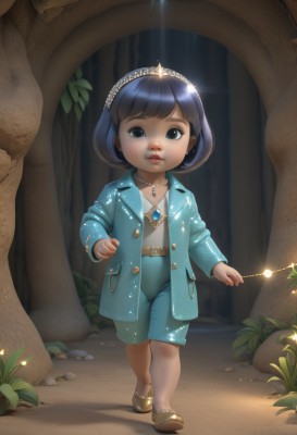 1girl,solo,looking at viewer,short hair,bangs,blue eyes,shirt,black hair,long sleeves,holding,jewelry,standing,jacket,full body,hairband,outdoors,parted lips,open clothes,shoes,shorts,belt,necklace,star (symbol),black eyes,open jacket,tree,lips,sparkle,buttons,glowing,brown footwear,tiara,blue jacket,child,nature,forest,blue shorts,rock,wand,female child,holding wand,blue hair,earrings,shadow,watermark,crown,gem,web address