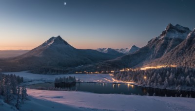 outdoors,sky,cloud,water,tree,no humans,night,moon,star (sky),nature,night sky,scenery,snow,forest,starry sky,reflection,sunset,mountain,crescent moon,winter,river,landscape,mountainous horizon,lake,gradient sky,pine tree,building,full moon,bridge