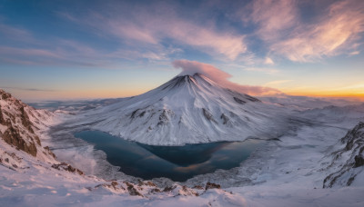 outdoors, sky, cloud, no humans, scenery, snow, sunset, mountain, landscape