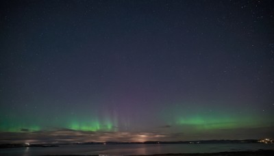 outdoors,sky,artist name,water,no humans,night,ocean,watermark,star (sky),night sky,scenery,starry sky,reflection,horizon,lake,city lights,cloud,landscape,aurora,milky way