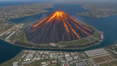 outdoors,sky,cloud,water,tree,no humans,ocean,from above,fire,building,nature,scenery,smoke,mountain,city,sun,horizon,road,cityscape,river,landscape,molten rock,island,day,skyscraper,city lights