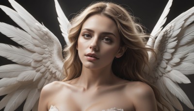 1girl,solo,long hair,breasts,looking at viewer,blonde hair,simple background,brown hair,cleavage,bare shoulders,brown eyes,collarbone,upper body,parted lips,wings,lips,black background,portrait,feathered wings,angel wings,realistic,white wings,angel