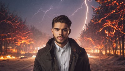 solo,looking at viewer,short hair,brown hair,shirt,black hair,1boy,brown eyes,jacket,white shirt,upper body,male focus,outdoors,open clothes,sky,collared shirt,tree,coat,black jacket,night,facial hair,fire,nature,night sky,beard,forest,realistic,leather,animification,christmas tree,lightning,leather jacket,pine tree,closed mouth,star (sky),snow,starry sky,brown jacket,road,brown coat