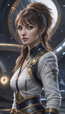 1girl,solo,long hair,breasts,looking at viewer,bangs,brown hair,shirt,gloves,long sleeves,brown eyes,jewelry,medium breasts,white shirt,upper body,ponytail,earrings,parted lips,belt,blurry,lips,fur trim,eyelashes,makeup,high ponytail,lipstick,corset,realistic,nose,clock,red lips,steampunk,artist name,indoors,necklace,gold trim