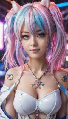 1girl,solo,long hair,breasts,looking at viewer,smile,bangs,blue eyes,large breasts,animal ears,cleavage,bare shoulders,twintails,jewelry,medium breasts,closed mouth,blue hair,collarbone,upper body,pink hair,multicolored hair,cat ears,necklace,star (symbol),blurry,two-tone hair,lips,streaked hair,eyelashes,makeup,blurry background,facial mark,gem,pendant,eyeshadow,realistic,nose,mascara,detached sleeves,horns,artist name