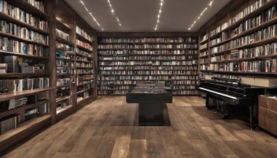 indoors,book,no humans,chair,table,sunlight,instrument,scenery,wooden floor,bookshelf,shelf,book stack,library,ceiling,piano,ladder,ceiling light,reflective floor,light,grand piano