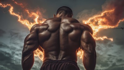 solo,short hair,black hair,1boy,upper body,male focus,outdoors,sky,pants,cloud,dark skin,from behind,muscular,back,dark-skinned male,cloudy sky,fire,muscular male,bara,veins,topless male,realistic,facing away,bald,manly,lightning,back focus,electricity