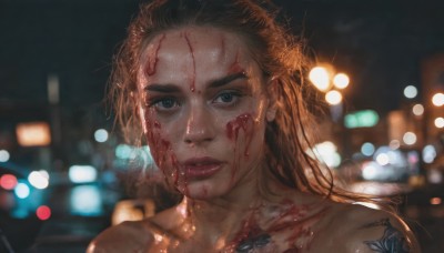 1girl,solo,long hair,looking at viewer,brown hair,collarbone,parted lips,blurry,black eyes,lips,wet,grey eyes,blood,tattoo,night,depth of field,blurry background,messy hair,portrait,injury,blood on face,realistic,nose,wet hair,city lights,black hair,nude,scar,thick eyebrows,forehead,backlighting,bokeh