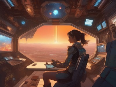 1girl,solo,short hair,brown hair,black hair,hair ornament,gloves,sitting,ponytail,sky,indoors,water,from behind,window,bodysuit,ocean,chair,star (sky),scenery,science fiction,sunset,horizon,space,computer,monitor,planet,spacecraft,tablet pc,cockpit,holographic interface,hologram,long hair,closed eyes,hairband,boots,realistic,sun,cyberpunk,joystick