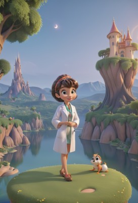 1girl,solo,smile,short hair,brown hair,standing,hairband,outdoors,sky,day,dark skin,water,black eyes,tree,bird,moon,sandals,grass,child,scenery,mountain,labcoat,crescent moon,river,castle,tower,waterfall,duck,black hair,jewelry,full body,nature,lake