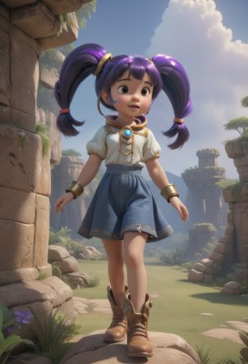 1girl,solo,long hair,bangs,skirt,shirt,twintails,brown eyes,jewelry,standing,full body,white shirt,purple hair,flower,short sleeves,earrings,boots,outdoors,parted lips,sky,shorts,teeth,day,puffy sleeves,artist name,cloud,dark skin,black eyes,bracelet,dark-skinned female,tree,blue sky,puffy short sleeves,lips,blue skirt,watermark,looking away,brown footwear,cloudy sky,grass,child,walking,blue shorts,rock,hair tie,arms at sides,female child,ankle boots,ruins,path,open mouth,hair ornament,necklace