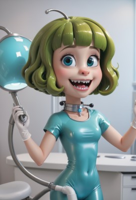 1girl,solo,breasts,looking at viewer,smile,short hair,open mouth,bangs,blue eyes,blonde hair,gloves,holding,collarbone,short sleeves,:d,small breasts,green hair,teeth,choker,shiny,indoors,white gloves,blunt bangs,collar,bodysuit,covered navel,sharp teeth,skin tight,shiny clothes,antennae,latex,cowboy shot,artist name,cameltoe,web address