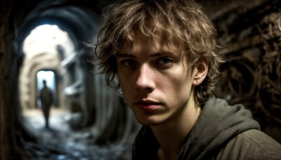 HQ,solo,looking at viewer,short hair,blue eyes,blonde hair,brown hair,1boy,closed mouth,upper body,male focus,hood,blurry,lips,blurry background,facial hair,portrait,realistic,statue,1girl,jewelry,green eyes,earrings,indoors,depth of field,light