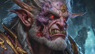 solo,long hair,looking at viewer,open mouth,red eyes,1boy,jewelry,upper body,braid,white hair,male focus,horns,teeth,pointy ears,armor,glowing,facial hair,fangs,sharp teeth,portrait,glowing eyes,beard,single horn,monster,artist name,blood,blurry background,colored skin,crown,colored sclera,veins,oni,realistic,fantasy,mustache,extra eyes,tusks